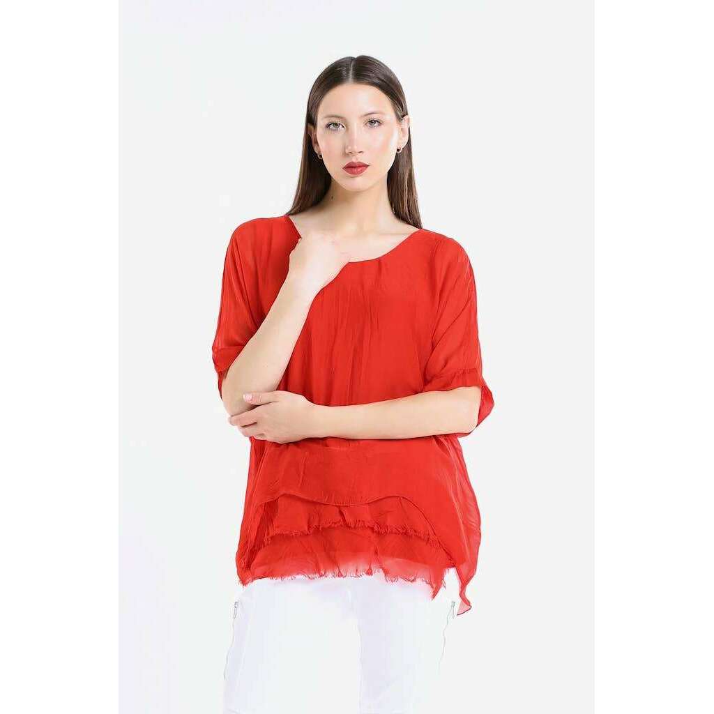 [TINA Stephens Italy/Tees By Tina - Adriana Silk Double Raw Edge Top (BQ209): 427 Jeans / One Size], [], [TINA Stephens Italy/Tees By Tina], [Plum Bottom].