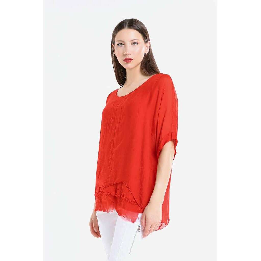 [TINA Stephens Italy/Tees By Tina - Adriana Silk Double Raw Edge Top (BQ209): 427 Jeans / One Size], [], [TINA Stephens Italy/Tees By Tina], [Plum Bottom].