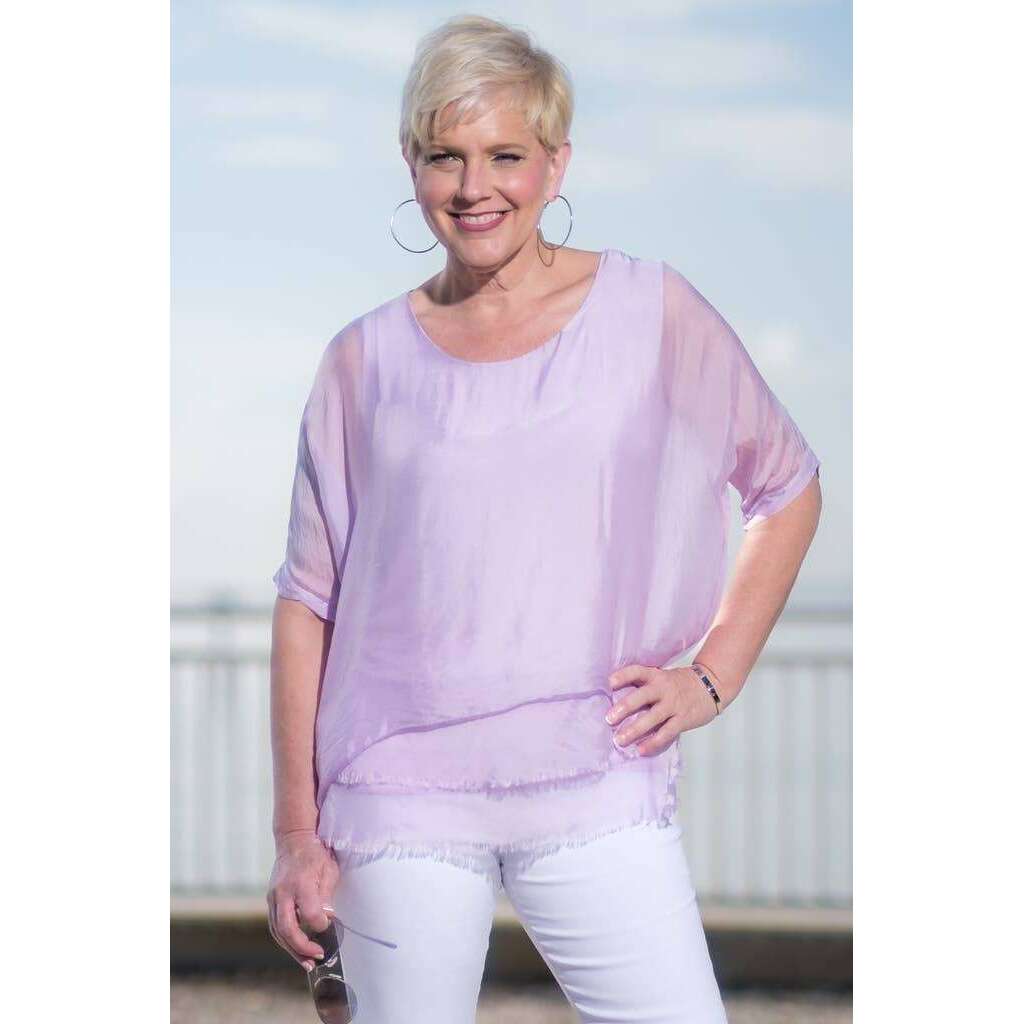 [TINA Stephens Italy/Tees By Tina - Adriana Silk Double Raw Edge Top (BQ209): 427 Jeans / One Size], [], [TINA Stephens Italy/Tees By Tina], [Plum Bottom].