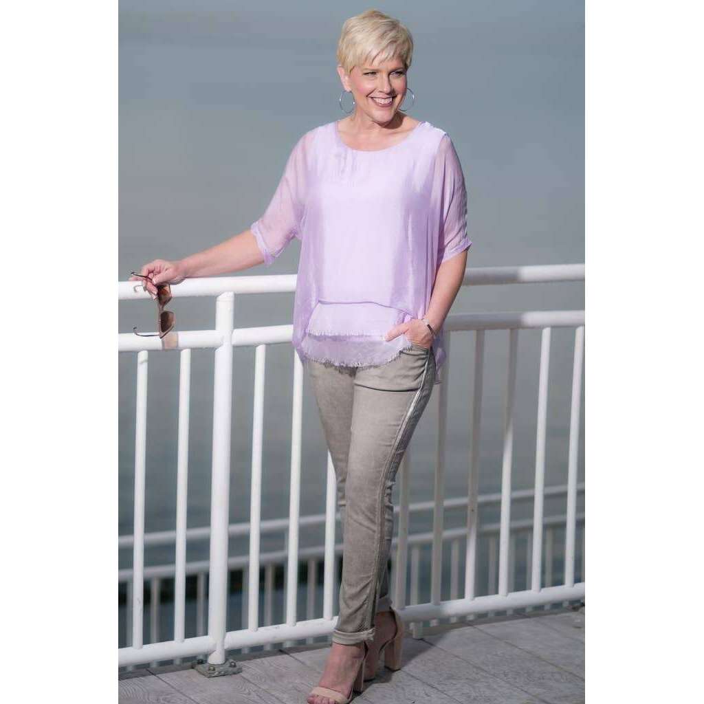 [TINA Stephens Italy/Tees By Tina - Adriana Silk Double Raw Edge Top (BQ209): 427 Jeans / One Size], [], [TINA Stephens Italy/Tees By Tina], [Plum Bottom].