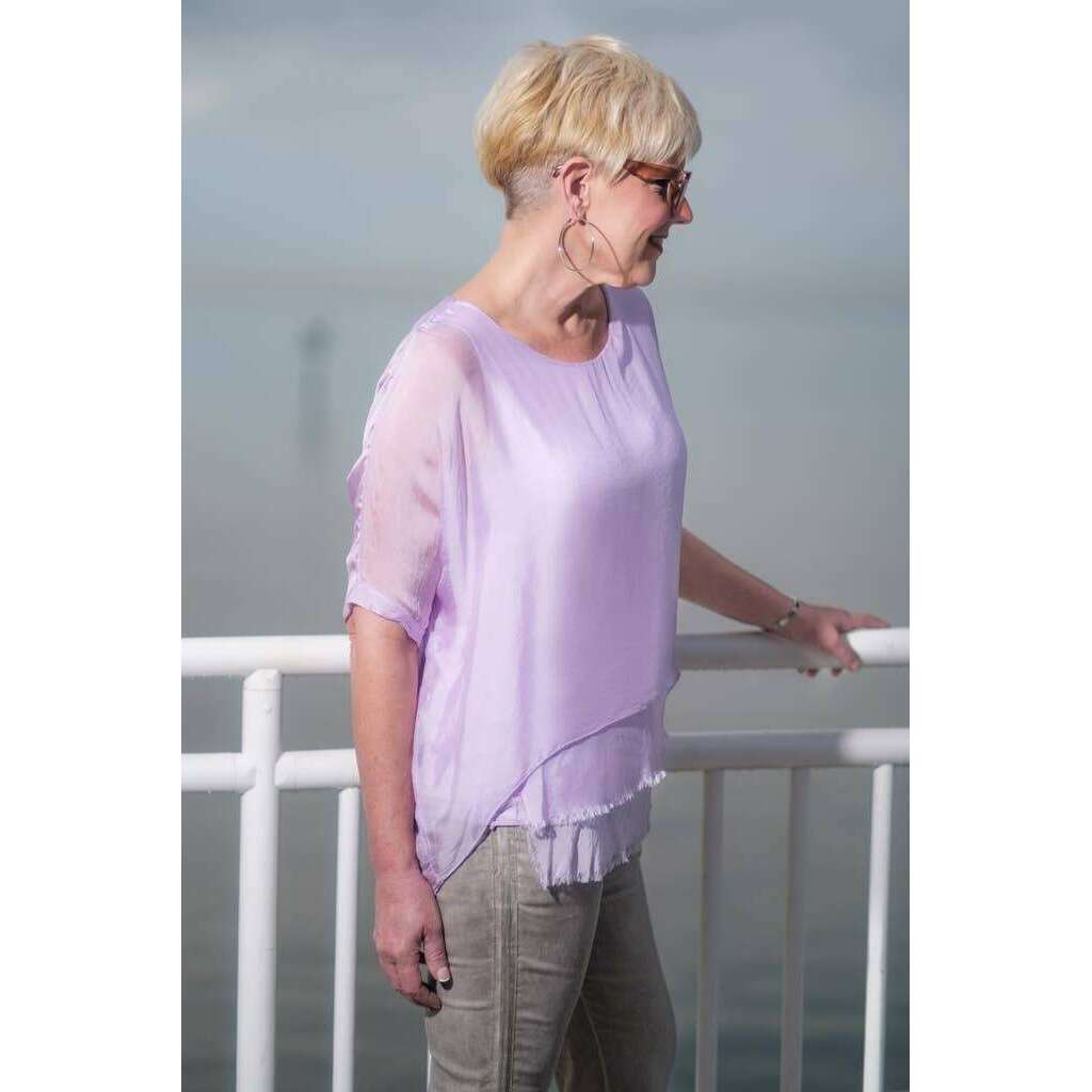 [TINA Stephens Italy/Tees By Tina - Adriana Silk Double Raw Edge Top (BQ209): 427 Jeans / One Size], [], [TINA Stephens Italy/Tees By Tina], [Plum Bottom].