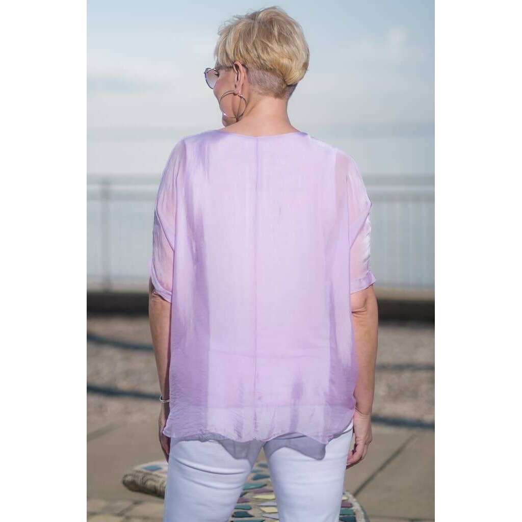 [TINA Stephens Italy/Tees By Tina - Adriana Silk Double Raw Edge Top (BQ209): 427 Jeans / One Size], [], [TINA Stephens Italy/Tees By Tina], [Plum Bottom].