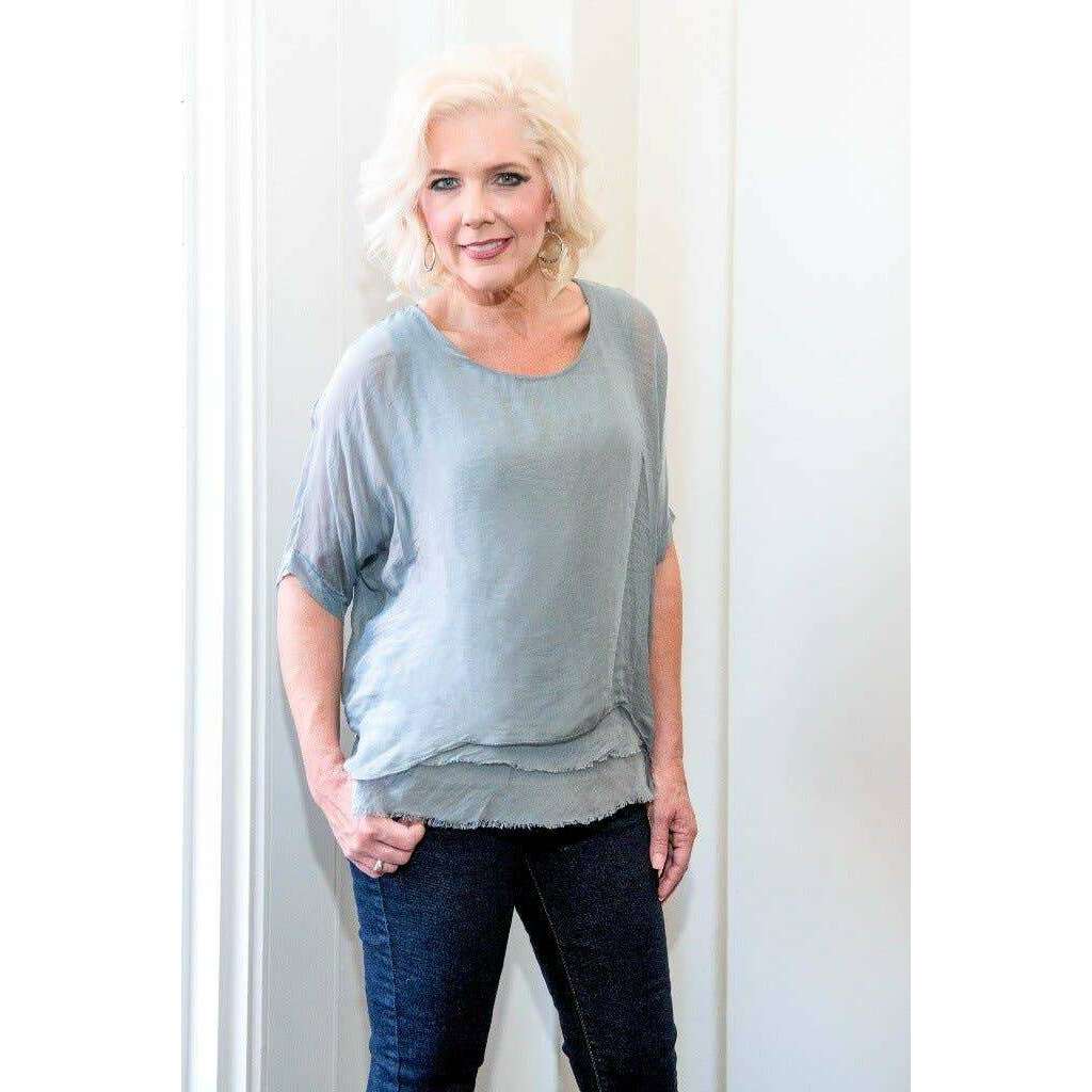 [TINA Stephens Italy/Tees By Tina - Adriana Silk Double Raw Edge Top (BQ209): 427 Jeans / One Size], [], [TINA Stephens Italy/Tees By Tina], [Plum Bottom].