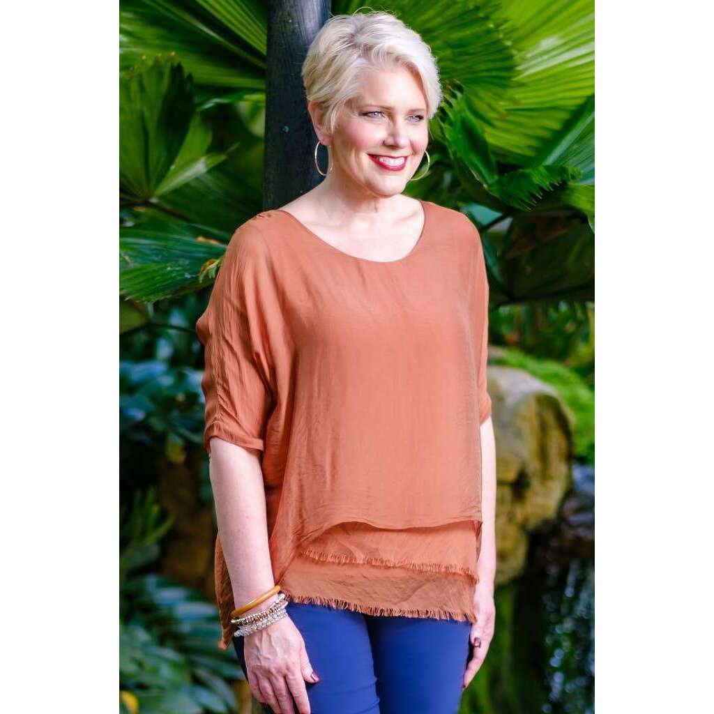 [TINA Stephens Italy/Tees By Tina - Adriana Silk Double Raw Edge Top (BQ209): 427 Jeans / One Size], [], [TINA Stephens Italy/Tees By Tina], [Plum Bottom].