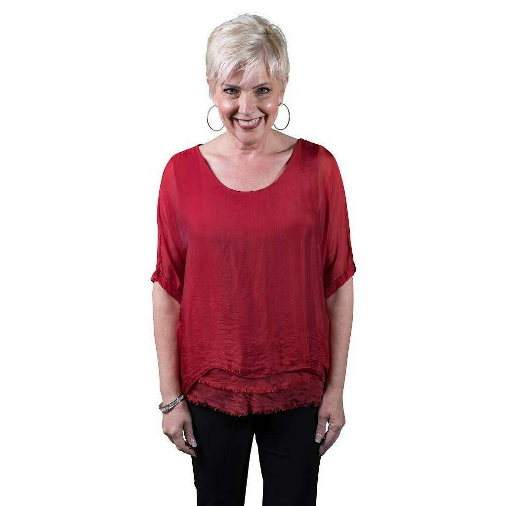 [TINA Stephens Italy/Tees By Tina - Adriana Silk Double Raw Edge Top (BQ209): 427 Jeans / One Size], [], [TINA Stephens Italy/Tees By Tina], [Plum Bottom].
