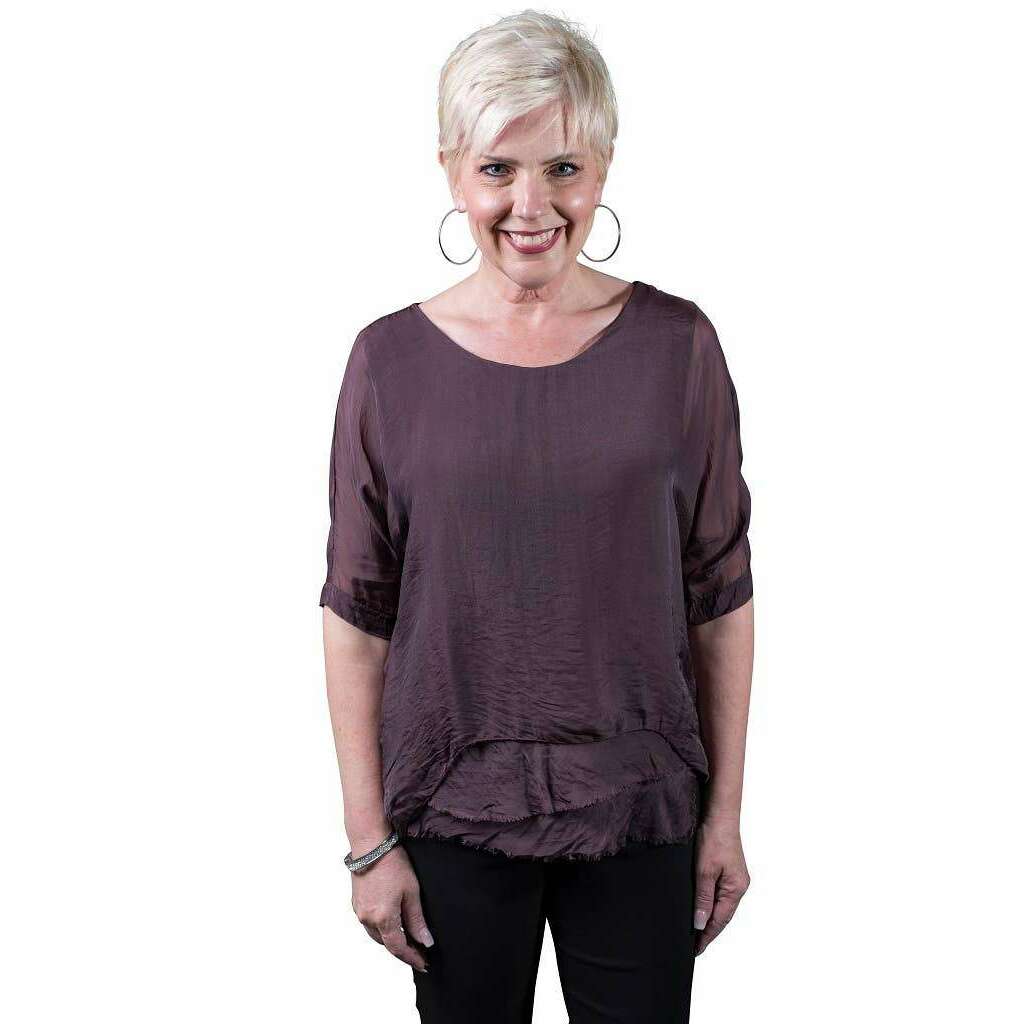 [TINA Stephens Italy/Tees By Tina - Adriana Silk Double Raw Edge Top (BQ209): 427 Jeans / One Size], [], [TINA Stephens Italy/Tees By Tina], [Plum Bottom].