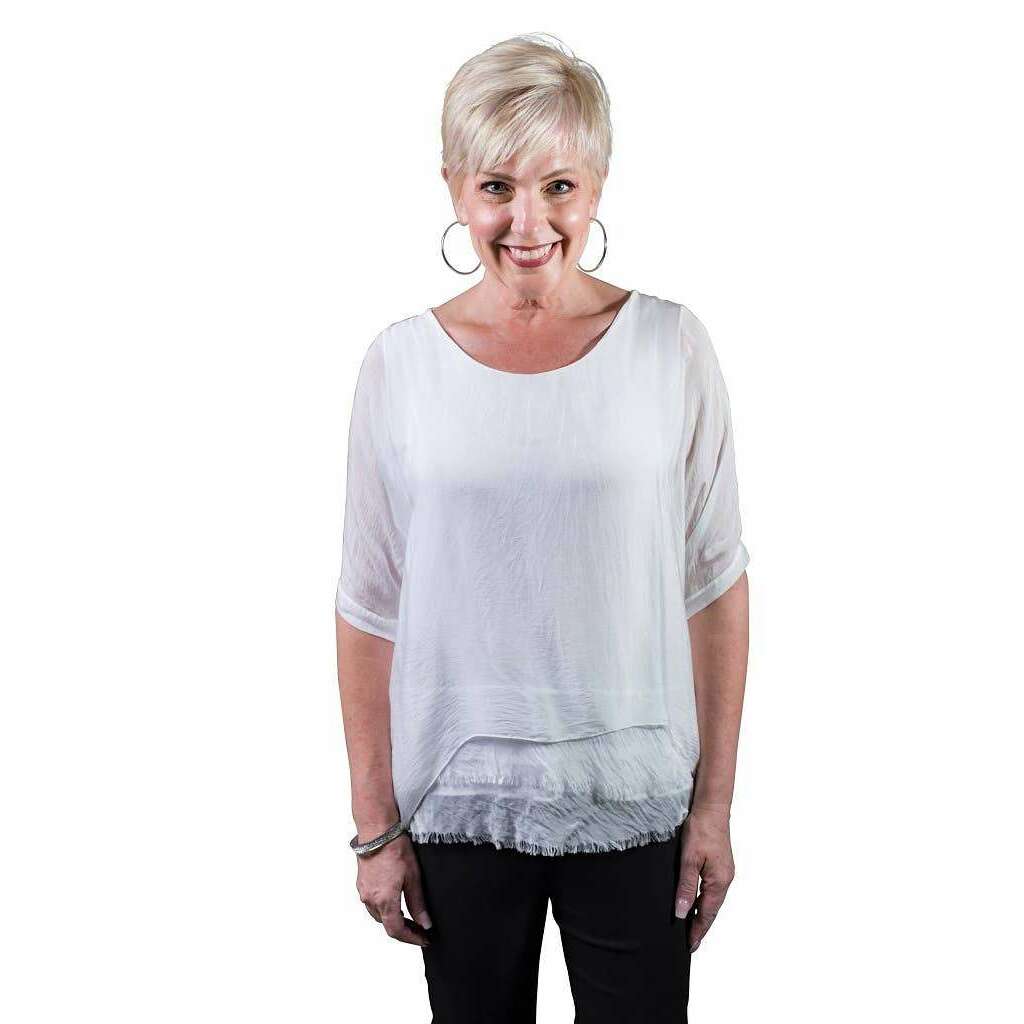[TINA Stephens Italy/Tees By Tina - Adriana Silk Double Raw Edge Top (BQ209): 427 Jeans / One Size], [], [TINA Stephens Italy/Tees By Tina], [Plum Bottom].