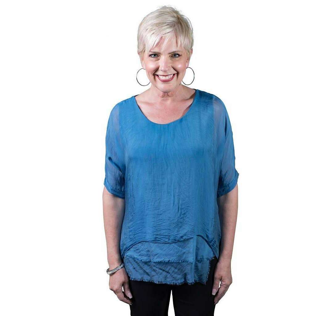 [TINA Stephens Italy/Tees By Tina - Adriana Silk Double Raw Edge Top (BQ209): 427 Jeans / One Size], [], [TINA Stephens Italy/Tees By Tina], [Plum Bottom].