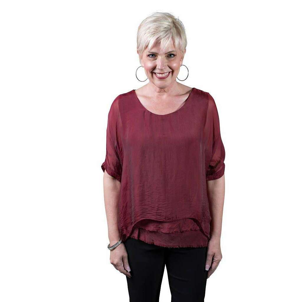 [TINA Stephens Italy/Tees By Tina - Adriana Silk Double Raw Edge Top (BQ209): 427 Jeans / One Size], [], [TINA Stephens Italy/Tees By Tina], [Plum Bottom].
