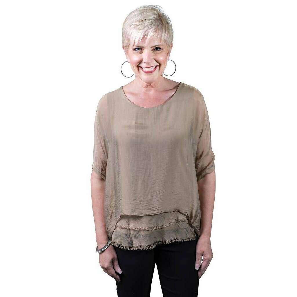 [TINA Stephens Italy/Tees By Tina - Adriana Silk Double Raw Edge Top (BQ209): 427 Jeans / One Size], [], [TINA Stephens Italy/Tees By Tina], [Plum Bottom].