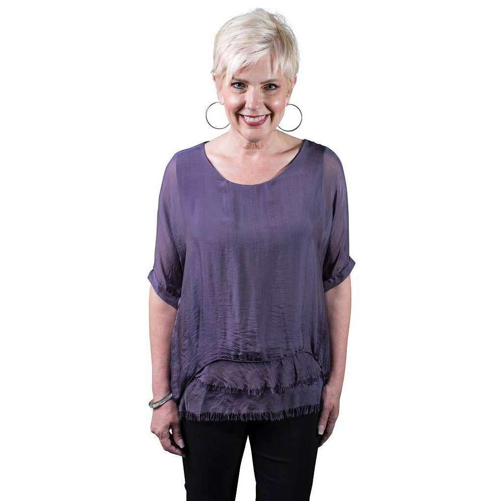 [TINA Stephens Italy/Tees By Tina - Adriana Silk Double Raw Edge Top (BQ209): 427 Jeans / One Size], [], [TINA Stephens Italy/Tees By Tina], [Plum Bottom].
