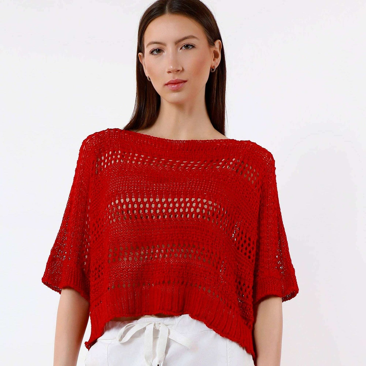 TINA Stephens Italy/Tees By Tina - Divya Short Sleeve Cropped Open Knit Topper Red, Sweaters, TINA Stephens Italy/Tees By Tina, Plum Bottom
