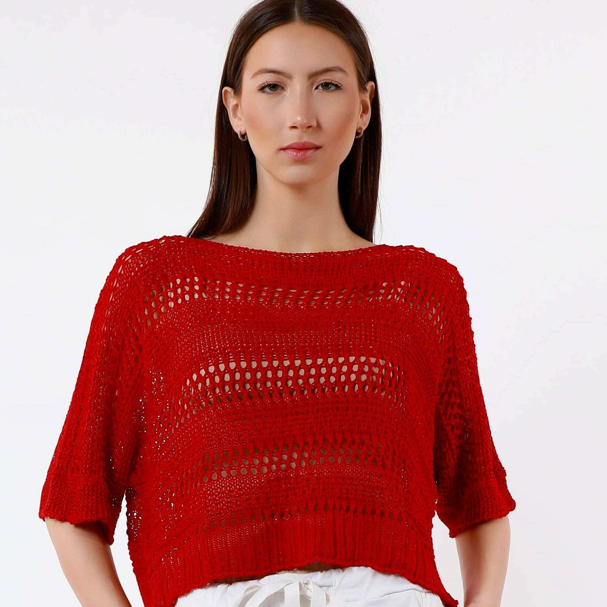 TINA Stephens Italy/Tees By Tina - Divya Short Sleeve Cropped Open Knit Topper Red, Sweaters, TINA Stephens Italy/Tees By Tina, Plum Bottom