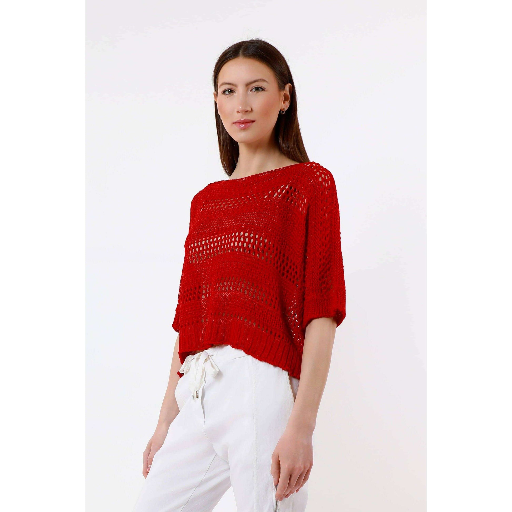 TINA Stephens Italy/Tees By Tina - Divya Short Sleeve Cropped Open Knit Topper Red, Sweaters, TINA Stephens Italy/Tees By Tina, Plum Bottom
