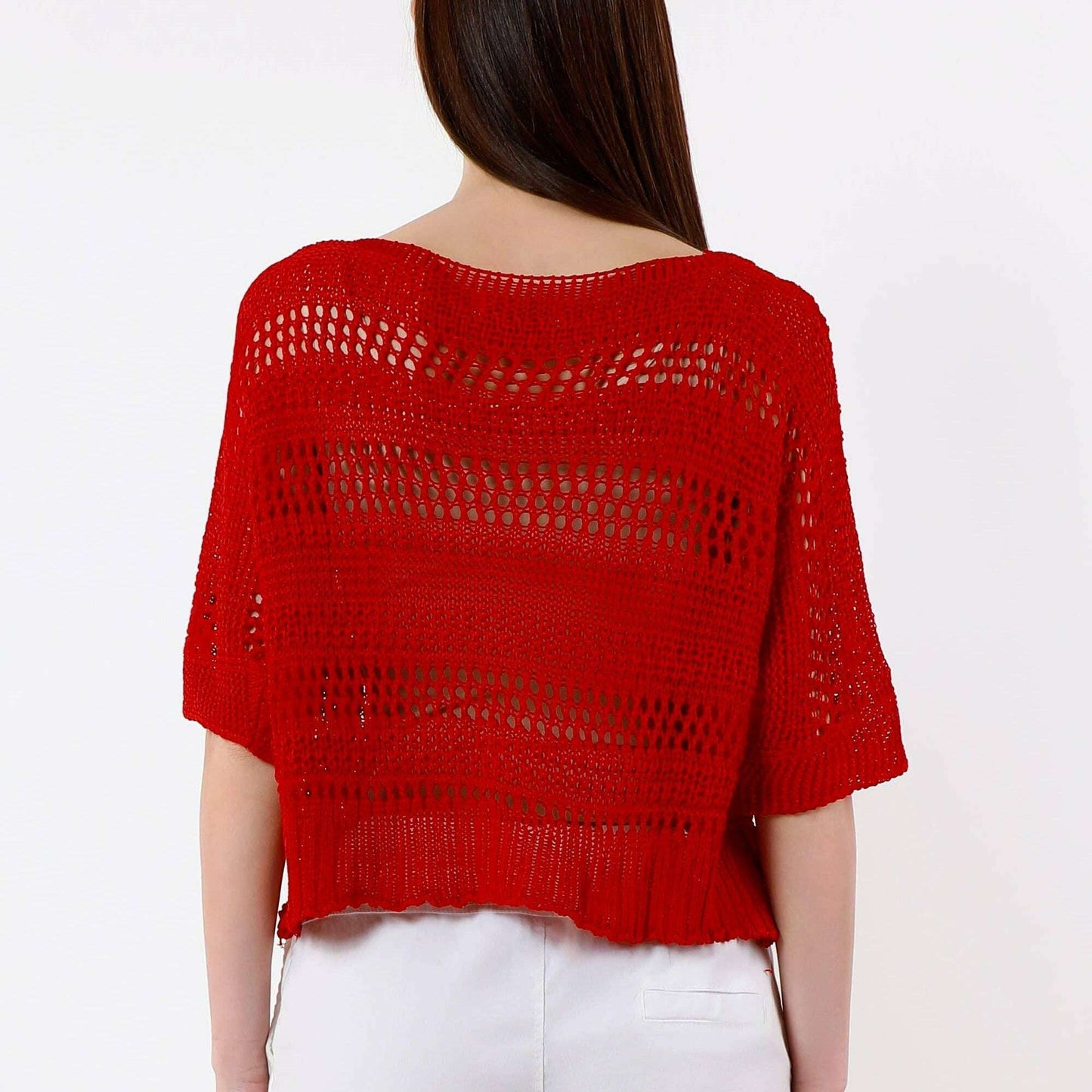 TINA Stephens Italy/Tees By Tina - Divya Short Sleeve Cropped Open Knit Topper Red, Sweaters, TINA Stephens Italy/Tees By Tina, Plum Bottom