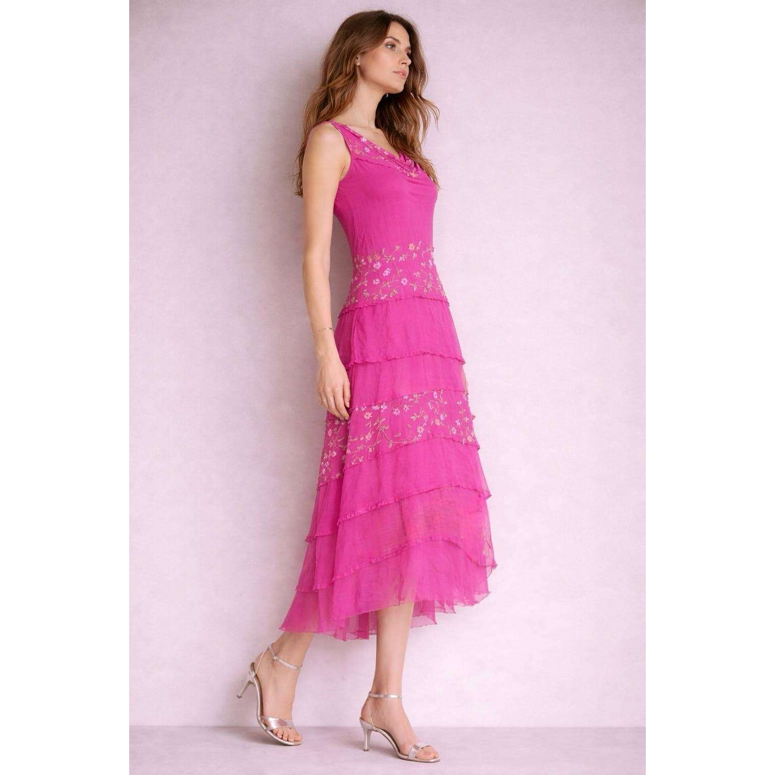 [TINA Stephens Italy/Tees By Tina - Embroidered Aleena Silk Maxi Ruffle Dress (DT215E): 672 Fuchsia / One Size], [], [TINA Stephens Italy/Tees By Tina], [Plum Bottom].