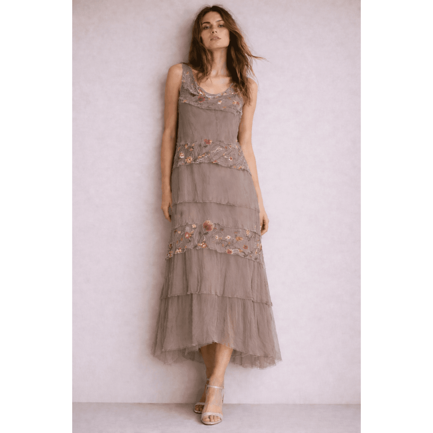 [TINA Stephens Italy/Tees By Tina - Embroidered Aleena Silk Maxi Ruffle Dress (DT215E): 672 Fuchsia / One Size], [], [TINA Stephens Italy/Tees By Tina], [Plum Bottom].