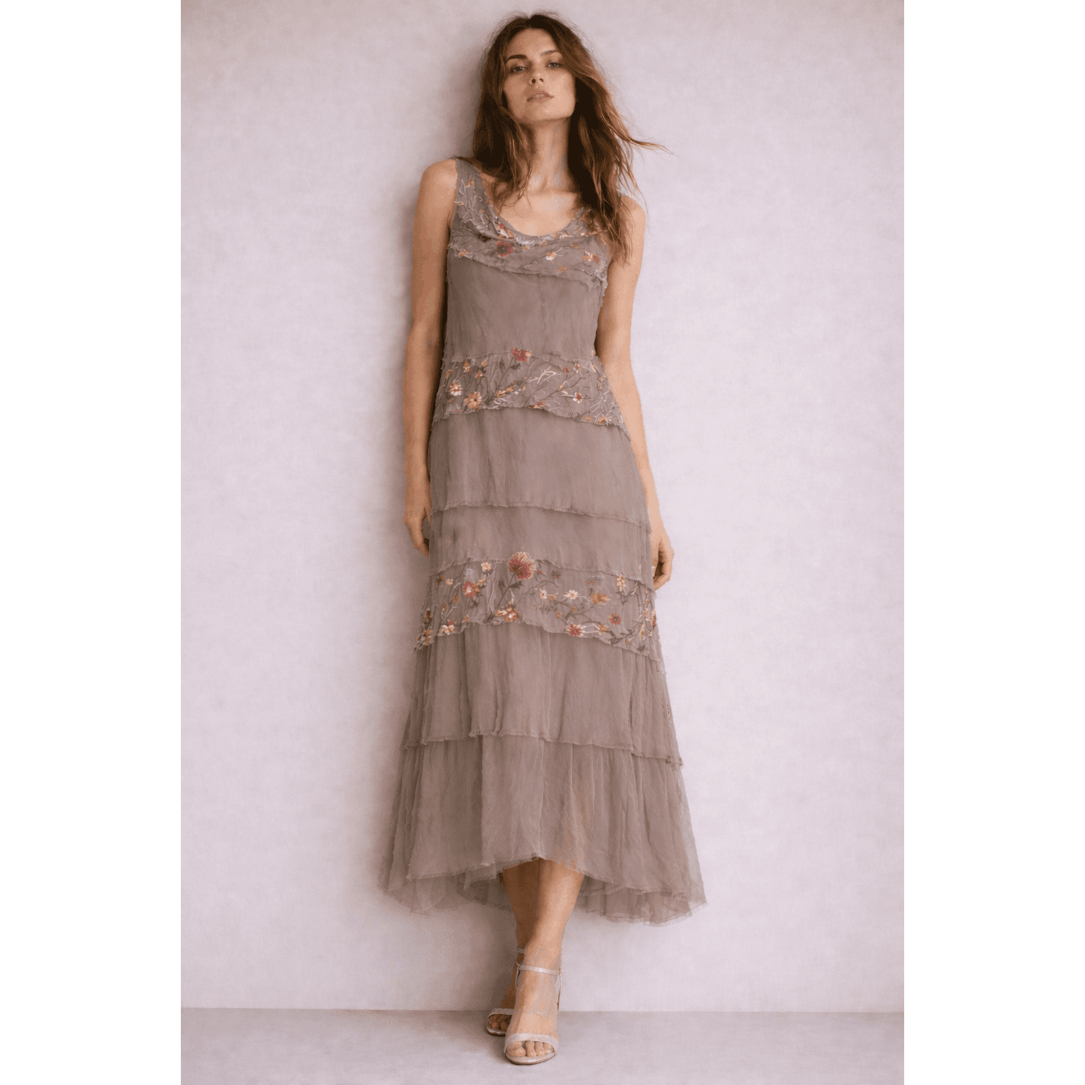 [TINA Stephens Italy/Tees By Tina - Embroidered Aleena Silk Maxi Ruffle Dress (DT215E): 672 Fuchsia / One Size], [], [TINA Stephens Italy/Tees By Tina], [Plum Bottom].