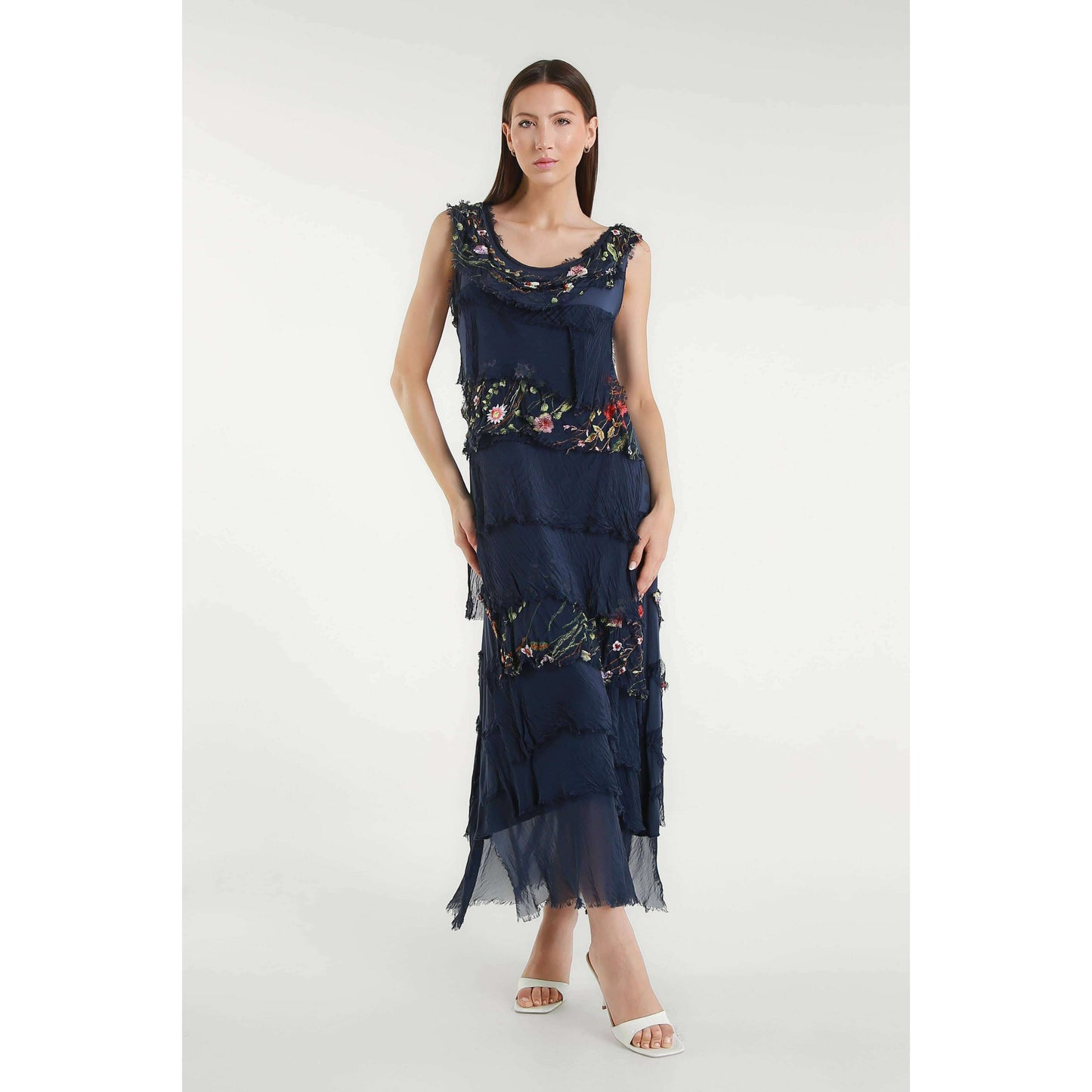 [TINA Stephens Italy/Tees By Tina - Embroidered Aleena Silk Maxi Ruffle Dress (DT215E): 672 Fuchsia / One Size], [], [TINA Stephens Italy/Tees By Tina], [Plum Bottom].