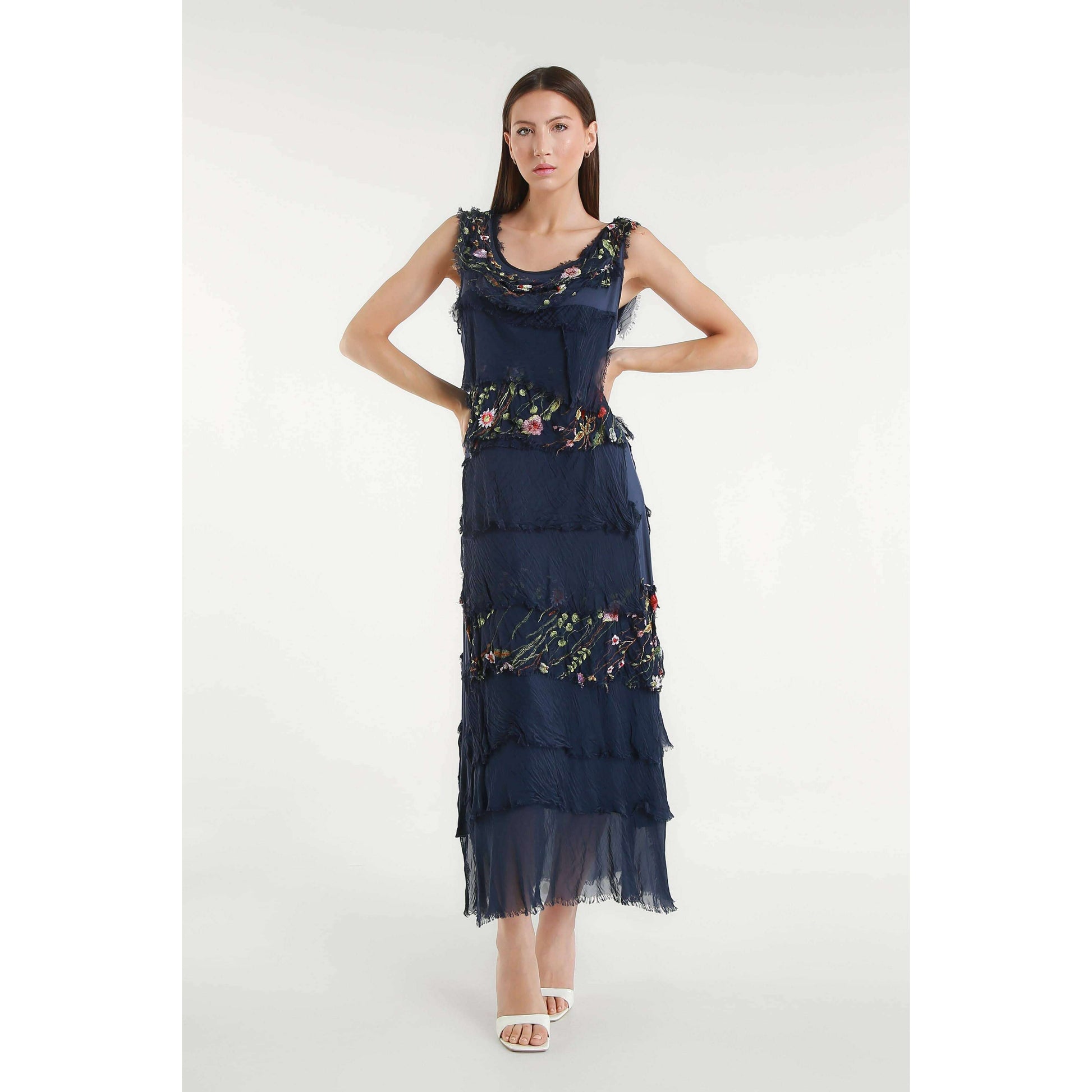 [TINA Stephens Italy/Tees By Tina - Embroidered Aleena Silk Maxi Ruffle Dress (DT215E): 672 Fuchsia / One Size], [], [TINA Stephens Italy/Tees By Tina], [Plum Bottom].
