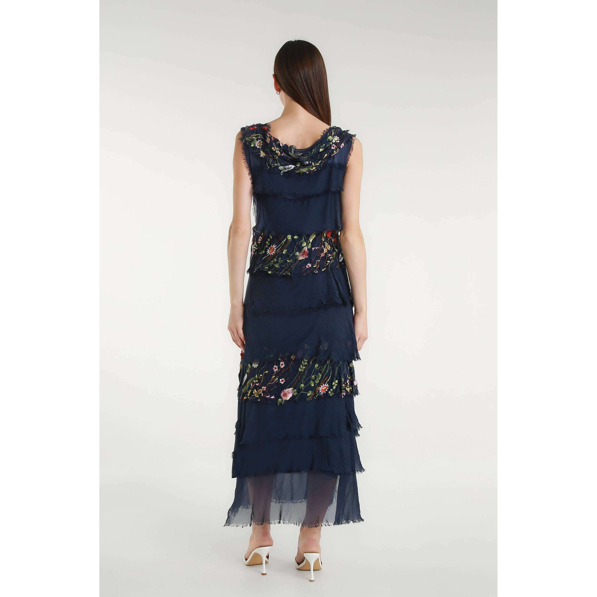 [TINA Stephens Italy/Tees By Tina - Embroidered Aleena Silk Maxi Ruffle Dress (DT215E): 672 Fuchsia / One Size], [], [TINA Stephens Italy/Tees By Tina], [Plum Bottom].