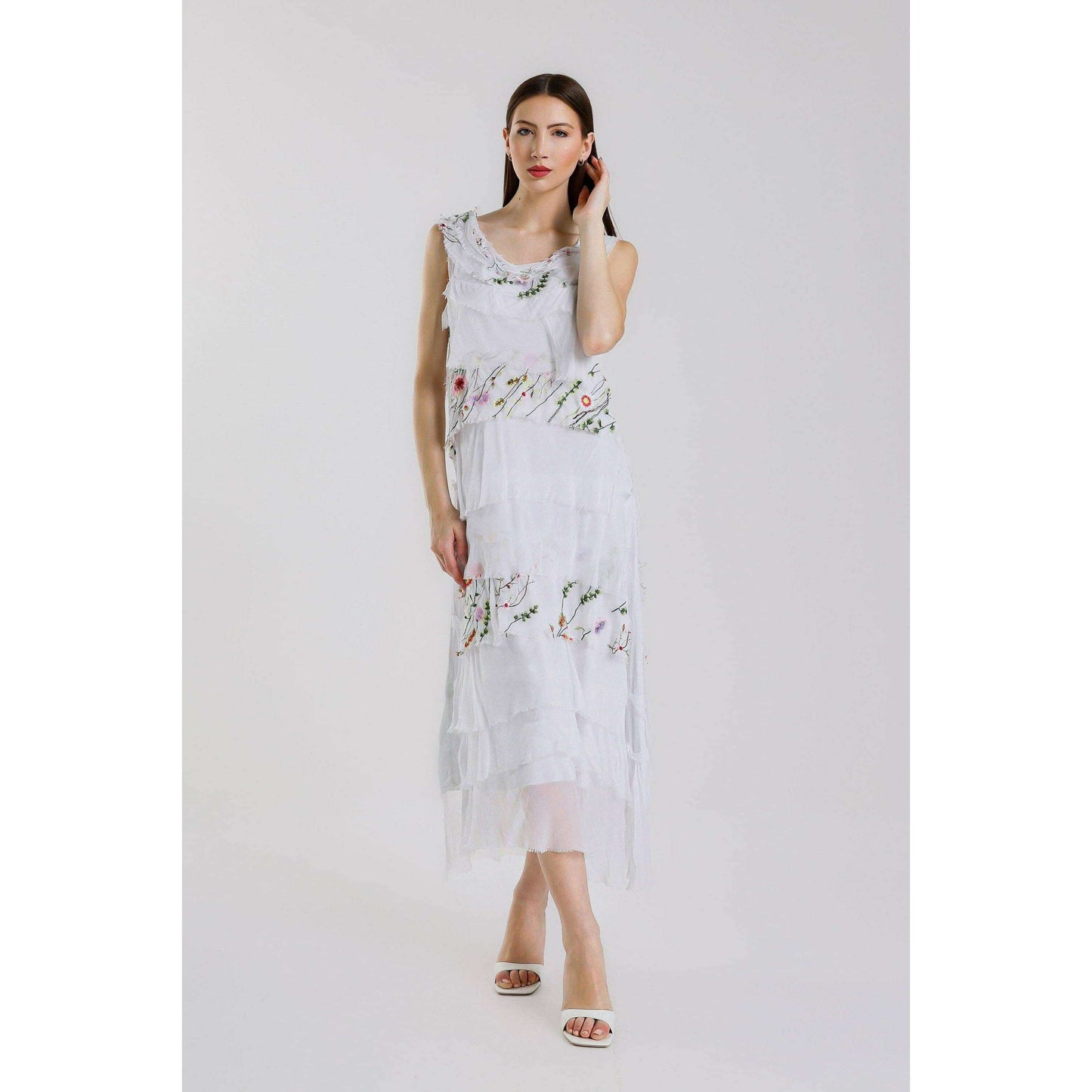 [TINA Stephens Italy/Tees By Tina - Embroidered Aleena Silk Maxi Ruffle Dress (DT215E): 672 Fuchsia / One Size], [], [TINA Stephens Italy/Tees By Tina], [Plum Bottom].