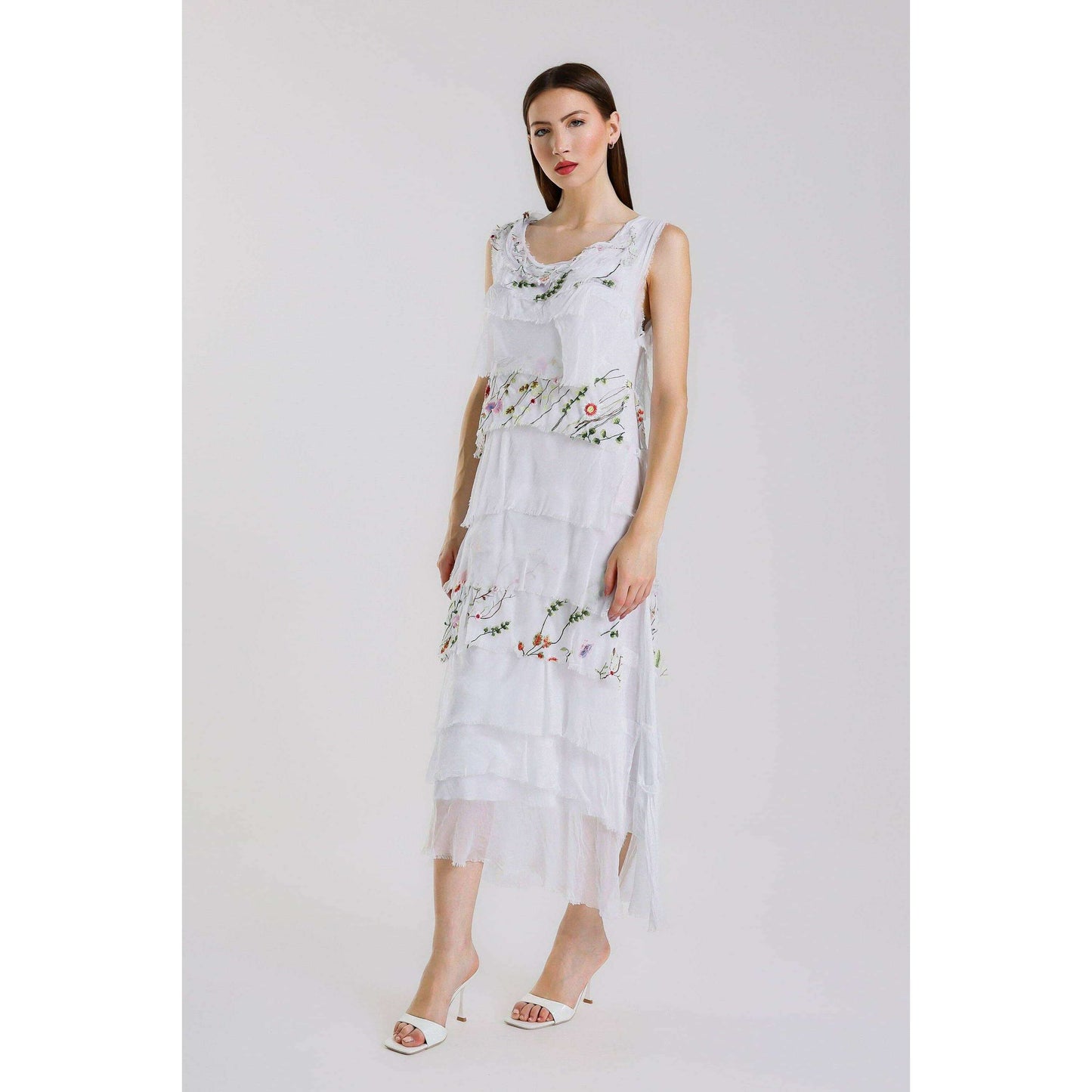 [TINA Stephens Italy/Tees By Tina - Embroidered Aleena Silk Maxi Ruffle Dress (DT215E): 672 Fuchsia / One Size], [], [TINA Stephens Italy/Tees By Tina], [Plum Bottom].