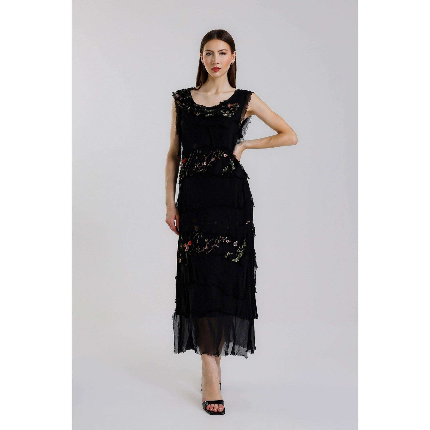 [TINA Stephens Italy/Tees By Tina - Embroidered Aleena Silk Maxi Ruffle Dress (DT215E): 672 Fuchsia / One Size], [], [TINA Stephens Italy/Tees By Tina], [Plum Bottom].