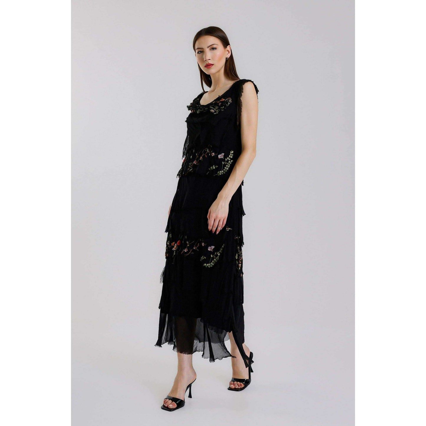 [TINA Stephens Italy/Tees By Tina - Embroidered Aleena Silk Maxi Ruffle Dress (DT215E): 672 Fuchsia / One Size], [], [TINA Stephens Italy/Tees By Tina], [Plum Bottom].