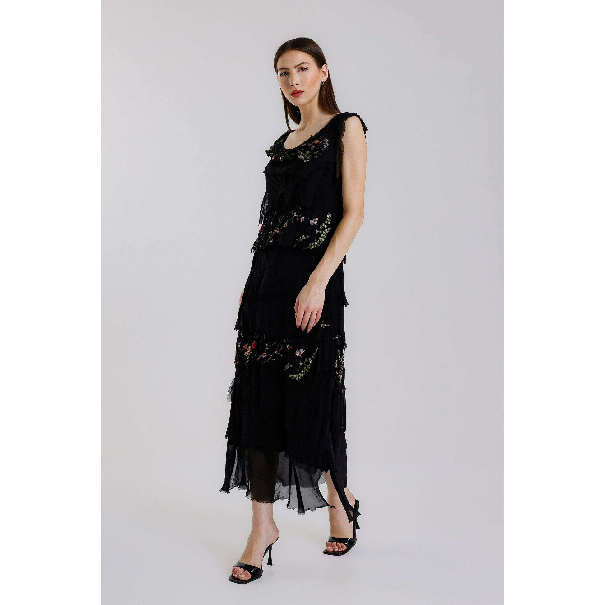 [TINA Stephens Italy/Tees By Tina - Embroidered Aleena Silk Maxi Ruffle Dress (DT215E): 672 Fuchsia / One Size], [], [TINA Stephens Italy/Tees By Tina], [Plum Bottom].