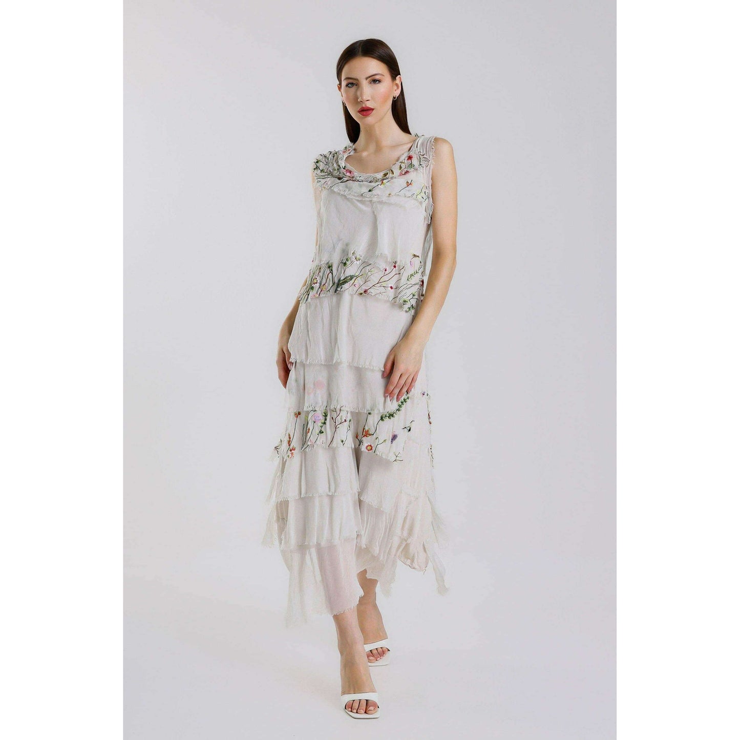 [TINA Stephens Italy/Tees By Tina - Embroidered Aleena Silk Maxi Ruffle Dress (DT215E): 672 Fuchsia / One Size], [], [TINA Stephens Italy/Tees By Tina], [Plum Bottom].