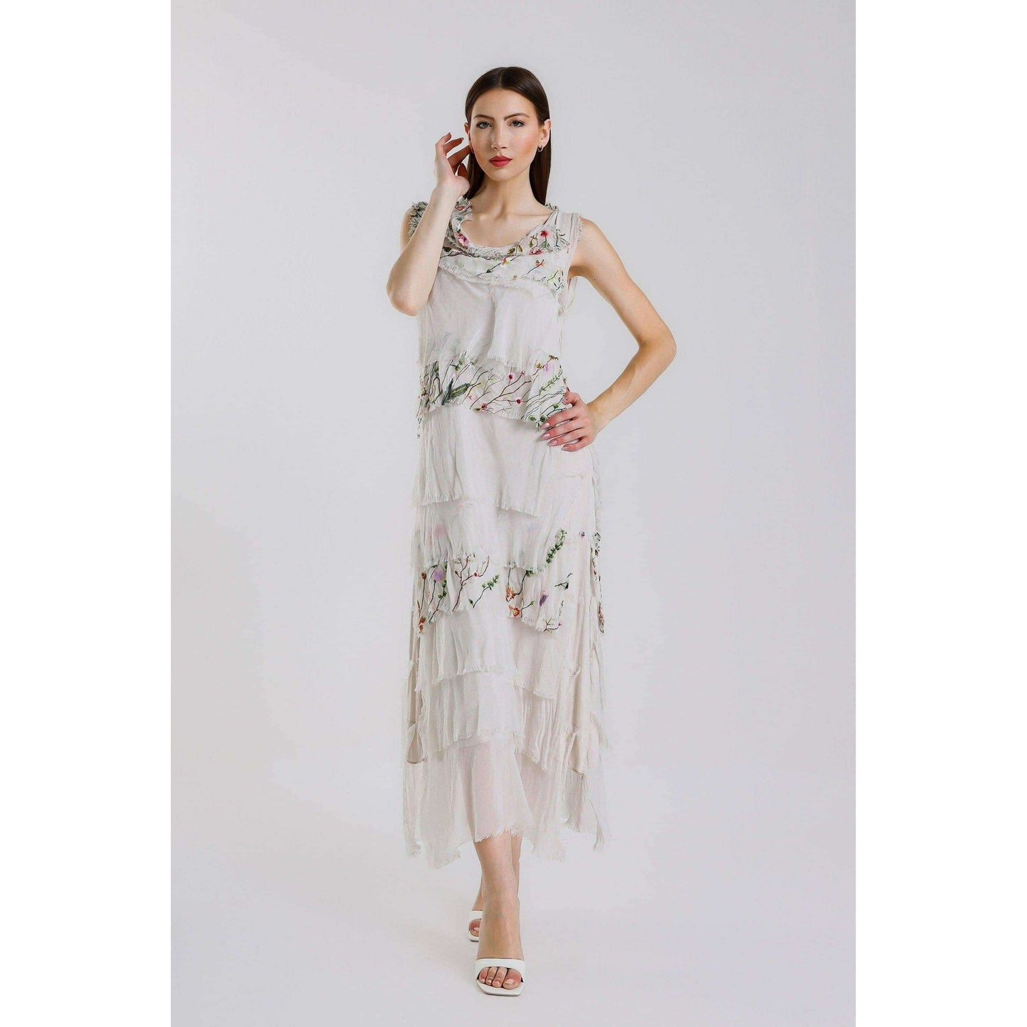 [TINA Stephens Italy/Tees By Tina - Embroidered Aleena Silk Maxi Ruffle Dress (DT215E): 672 Fuchsia / One Size], [], [TINA Stephens Italy/Tees By Tina], [Plum Bottom].