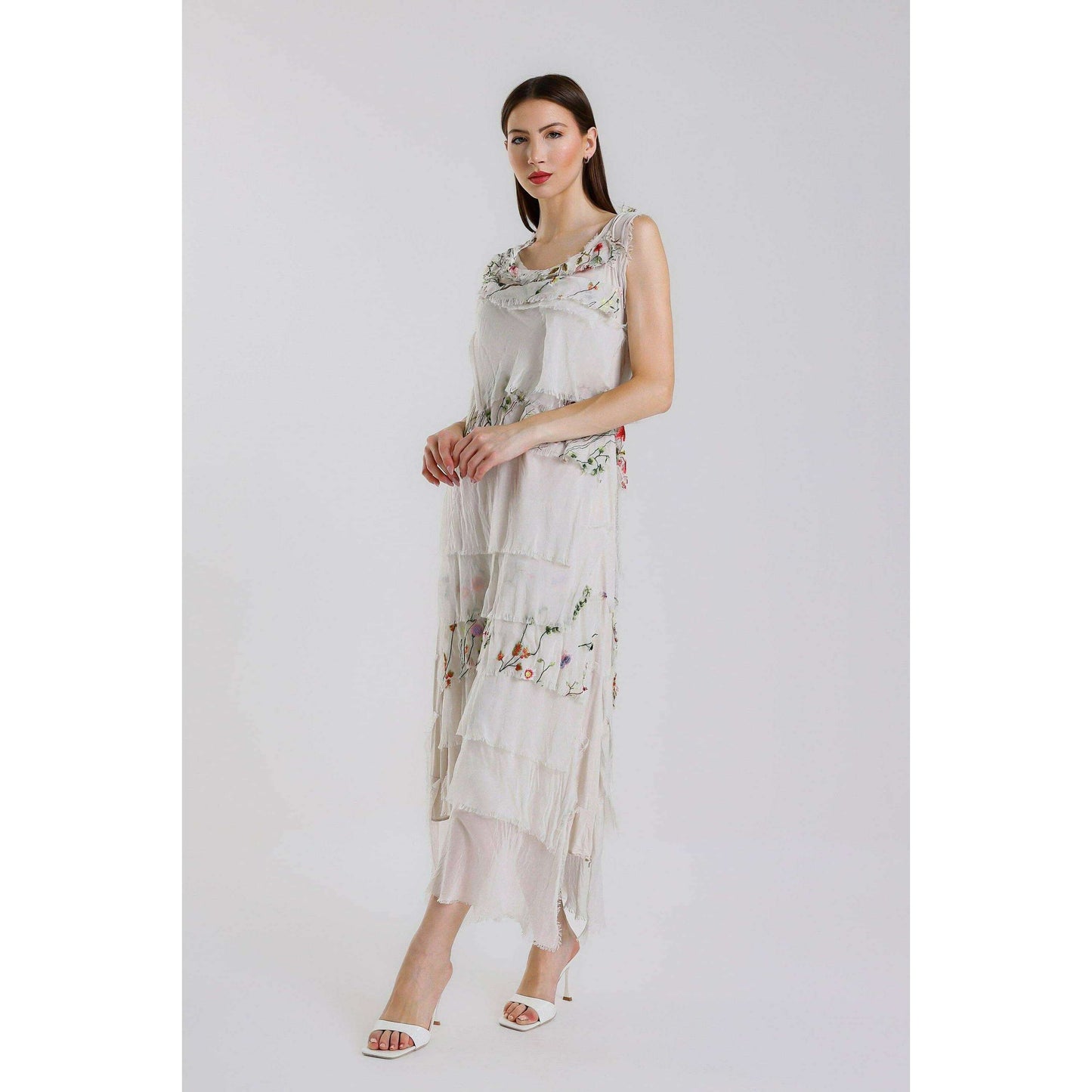 [TINA Stephens Italy/Tees By Tina - Embroidered Aleena Silk Maxi Ruffle Dress (DT215E): 672 Fuchsia / One Size], [], [TINA Stephens Italy/Tees By Tina], [Plum Bottom].