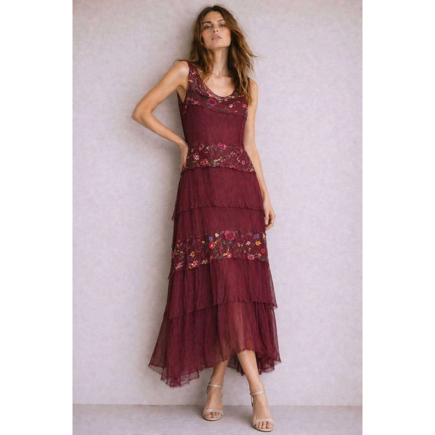 [TINA Stephens Italy/Tees By Tina - Embroidered Aleena Silk Maxi Ruffle Dress (DT215E): 672 Fuchsia / One Size], [], [TINA Stephens Italy/Tees By Tina], [Plum Bottom].