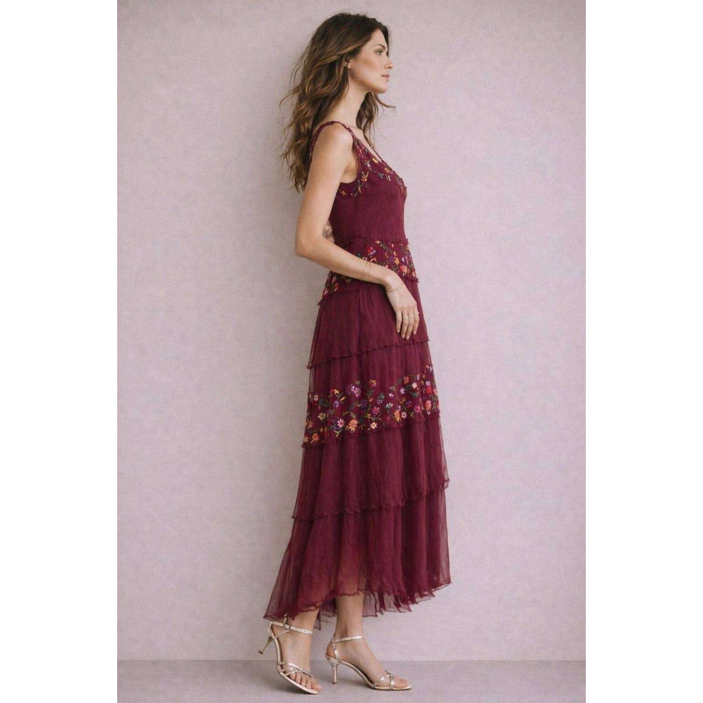 [TINA Stephens Italy/Tees By Tina - Embroidered Aleena Silk Maxi Ruffle Dress (DT215E): 672 Fuchsia / One Size], [], [TINA Stephens Italy/Tees By Tina], [Plum Bottom].
