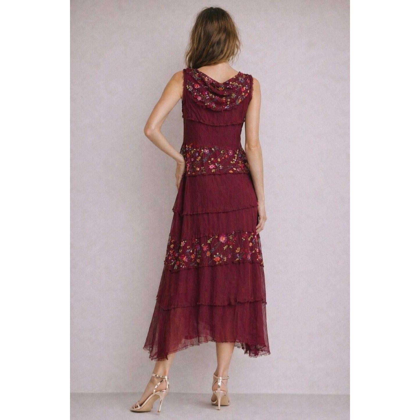 [TINA Stephens Italy/Tees By Tina - Embroidered Aleena Silk Maxi Ruffle Dress (DT215E): 672 Fuchsia / One Size], [], [TINA Stephens Italy/Tees By Tina], [Plum Bottom].