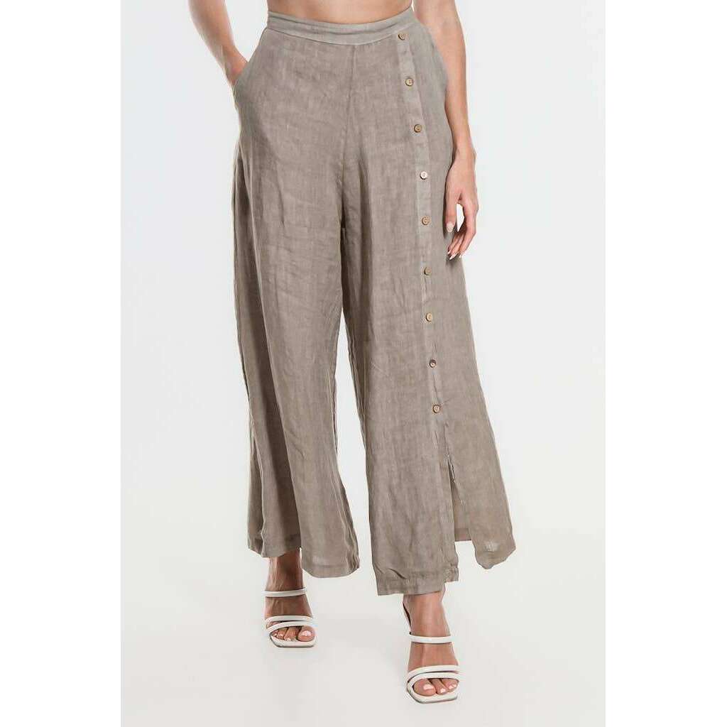 [TINA Stephens Italy/Tees By Tina - Gracelynn Button Linen Pant (PL135): 210 Taupe], [], [TINA Stephens Italy/Tees By Tina], [Plum Bottom].