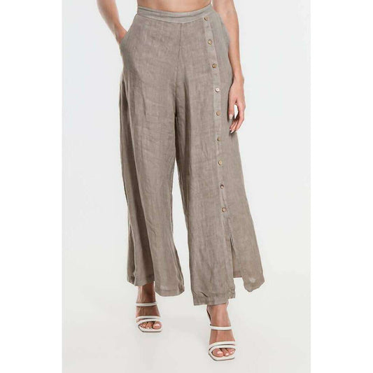 [TINA Stephens Italy/Tees By Tina - Gracelynn Button Linen Pant (PL135): 210 Taupe], [], [TINA Stephens Italy/Tees By Tina], [Plum Bottom].