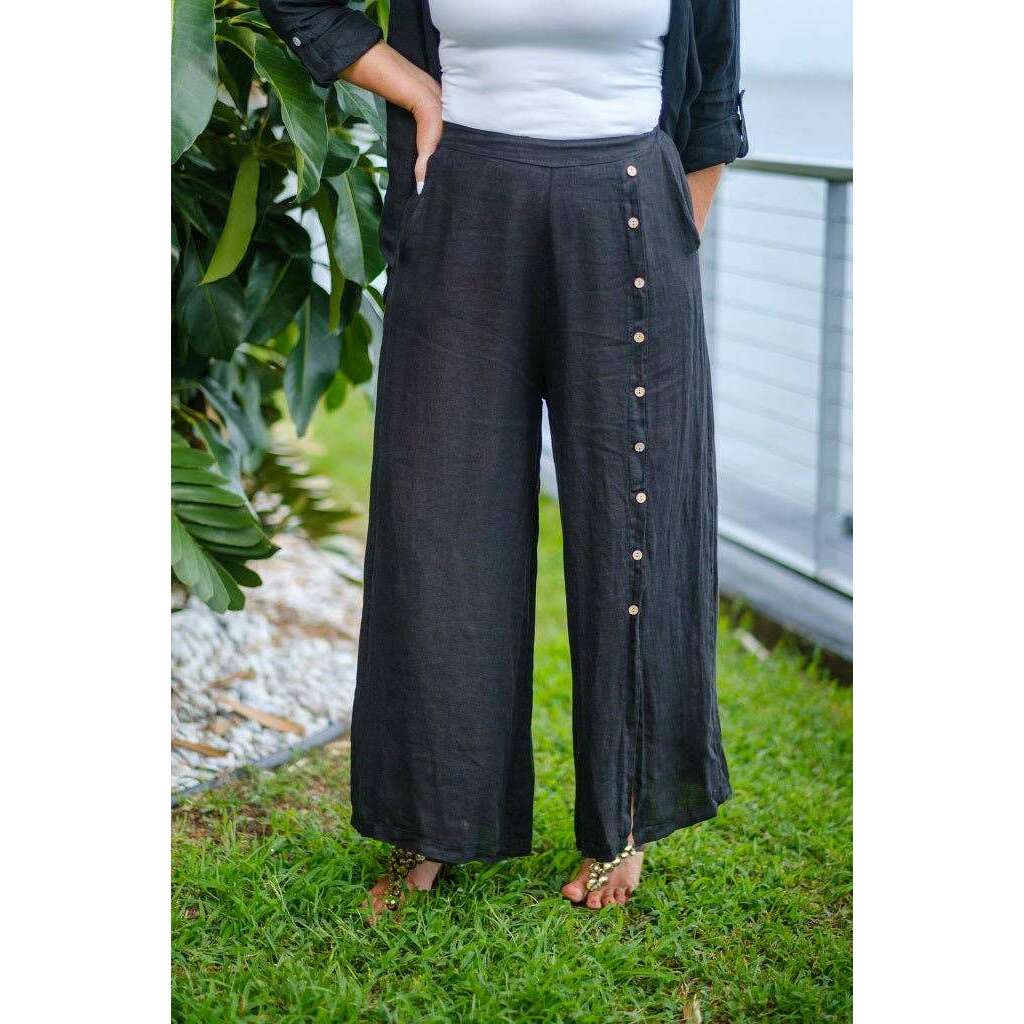 [TINA Stephens Italy/Tees By Tina - Gracelynn Button Linen Pant (PL135): 210 Taupe], [], [TINA Stephens Italy/Tees By Tina], [Plum Bottom].
