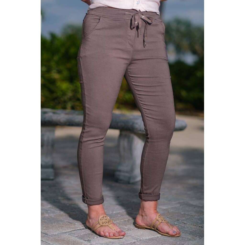 [TINA Stephens Italy/Tees By Tina - Haley Stretch Tie Waist Pant (PL119): 100 White / One Size], [], [TINA Stephens Italy/Tees By Tina], [Plum Bottom].