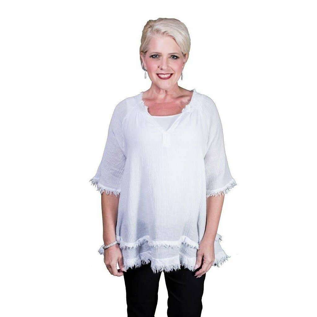 [TINA Stephens Italy/Tees By Tina - Zariah Crinkle Linen Raw Edge Top (BB104): 100 White], [], [TINA Stephens Italy/Tees By Tina], [Plum Bottom].