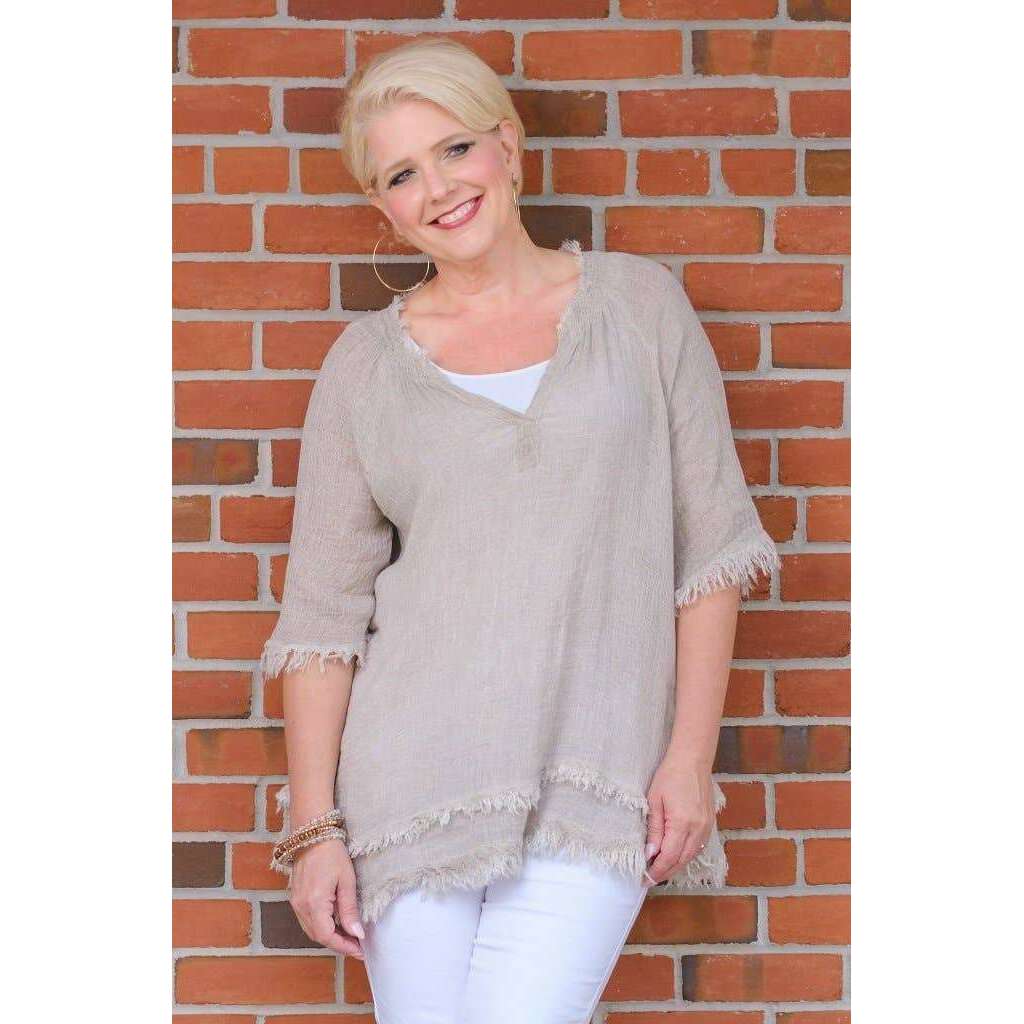 [TINA Stephens Italy/Tees By Tina - Zariah Crinkle Linen Raw Edge Top (BB104): 100 White], [], [TINA Stephens Italy/Tees By Tina], [Plum Bottom].