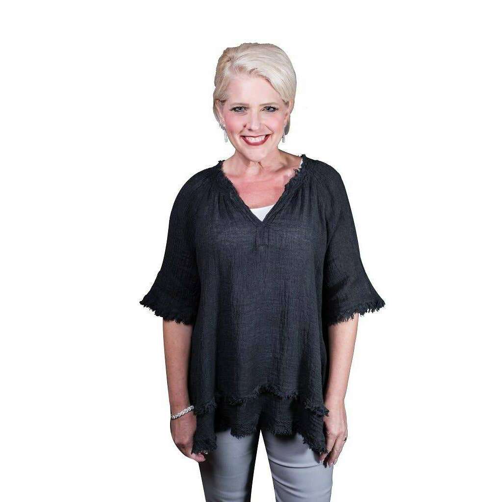 [TINA Stephens Italy/Tees By Tina - Zariah Crinkle Linen Raw Edge Top (BB104): 100 White], [], [TINA Stephens Italy/Tees By Tina], [Plum Bottom].