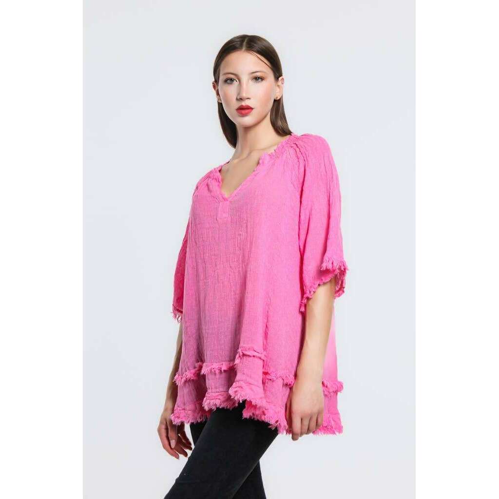 [TINA Stephens Italy/Tees By Tina - Zariah Crinkle Linen Raw Edge Top (BB104): 100 White], [], [TINA Stephens Italy/Tees By Tina], [Plum Bottom].