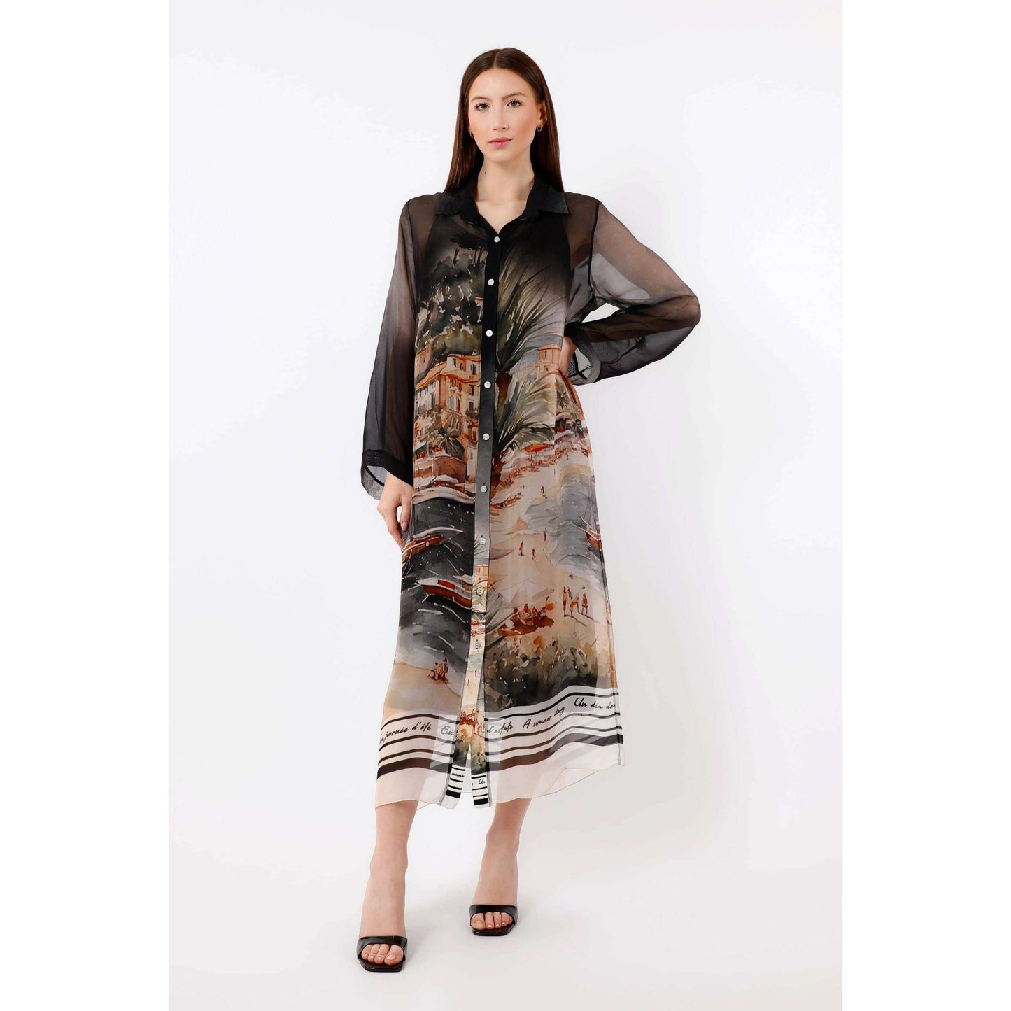 TINA Stephens Italy/Tees By Tina Asher Positano 3/4 Sleeve Silk Button Dress Black, Dresses, TINA Stephens Italy/Tees By Tina, Plum Bottom