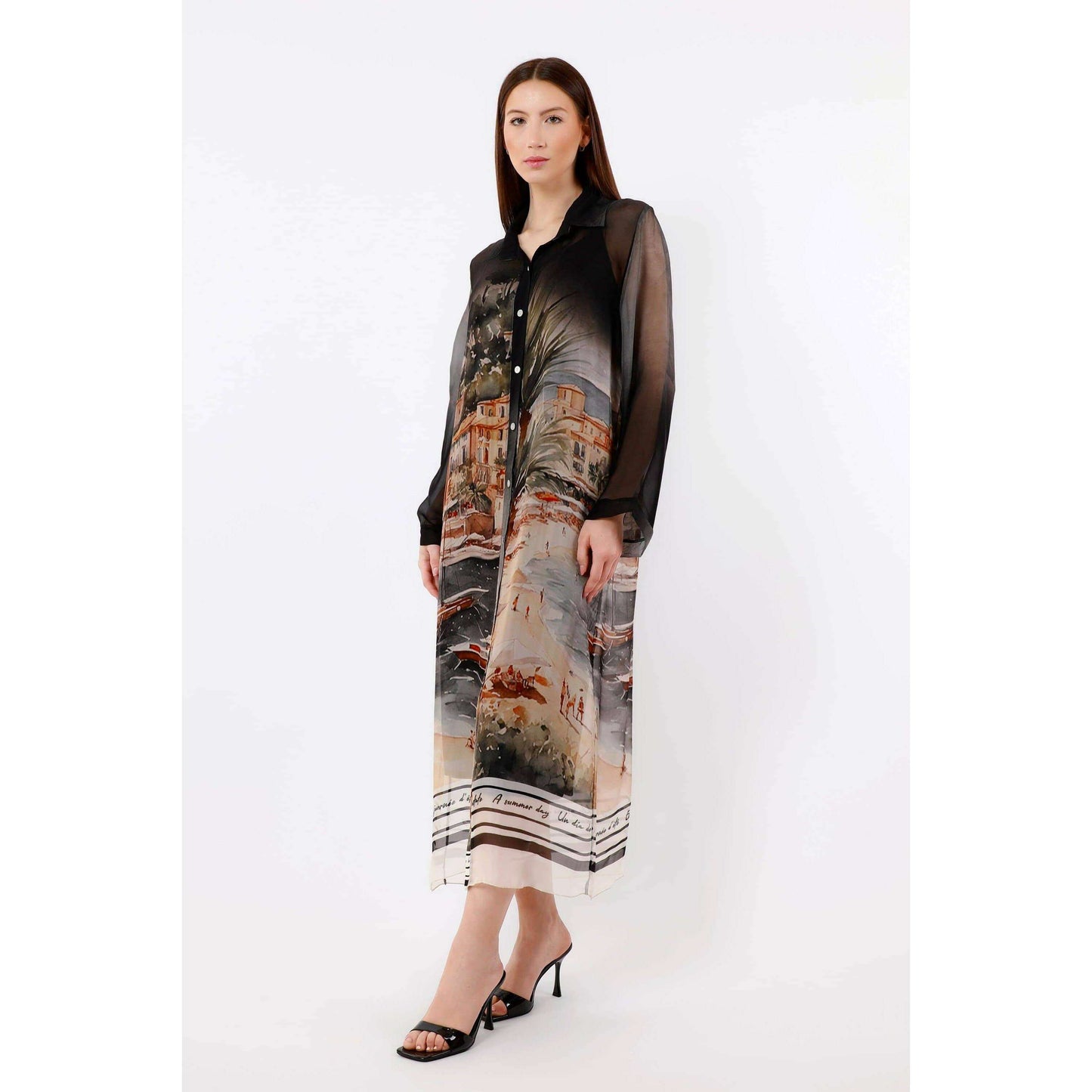 TINA Stephens Italy/Tees By Tina Asher Positano 3/4 Sleeve Silk Button Dress Black, Dresses, TINA Stephens Italy/Tees By Tina, Plum Bottom