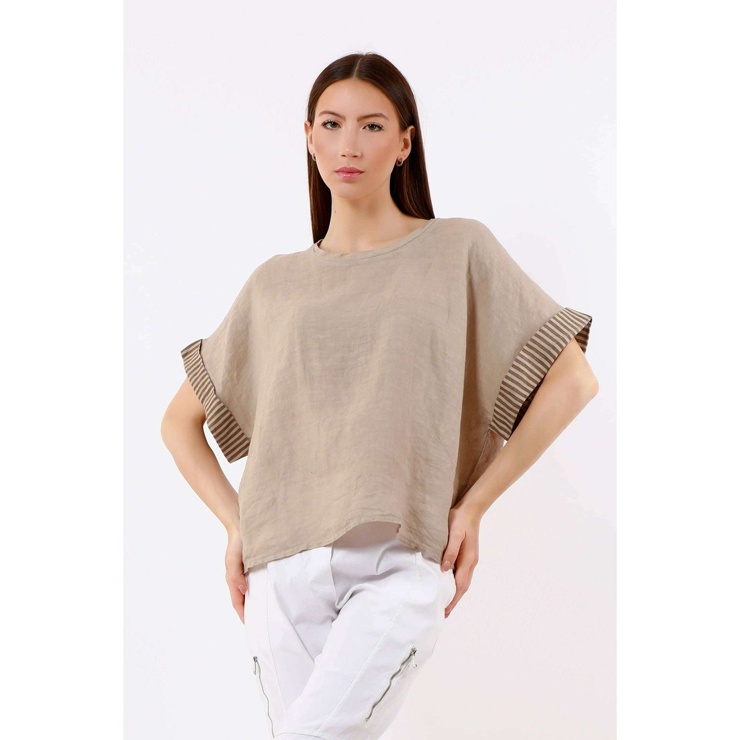 TINA Stephens Italy/Tees By Tina Brie Stripe Trim Short Sleeve Linen Top Cashmere, Tops, TINA Stephens Italy/Tees By Tina, Plum Bottom
