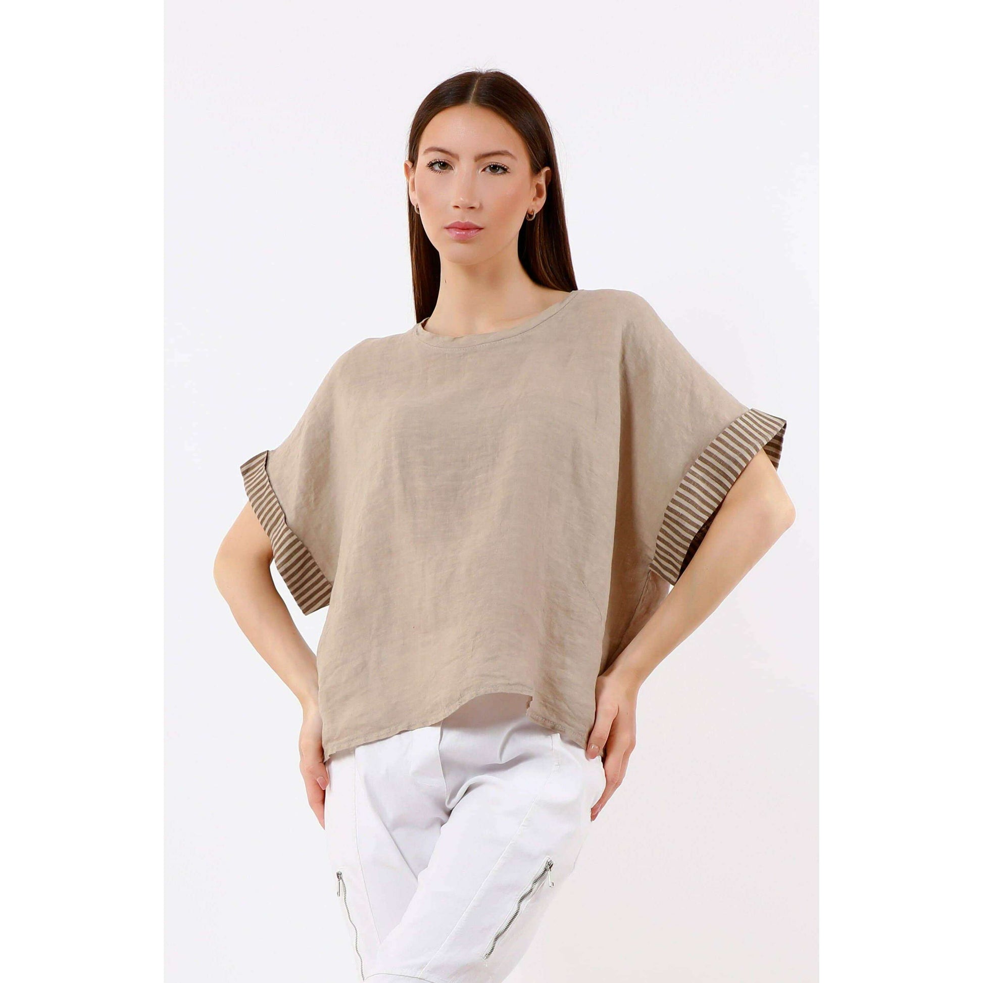 TINA Stephens Italy/Tees By Tina Brie Stripe Trim Short Sleeve Linen Top Cashmere, Tops, TINA Stephens Italy/Tees By Tina, Plum Bottom
