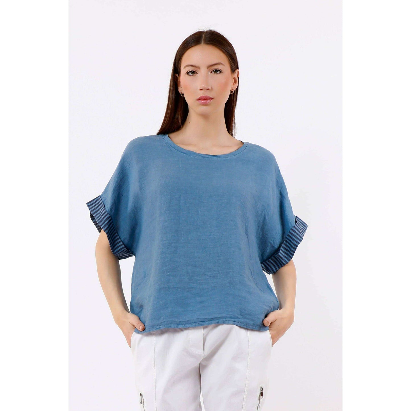 TINA Stephens Italy/Tees By Tina Brie Stripe Trim Short Sleeve Linen Top Cashmere, Tops, TINA Stephens Italy/Tees By Tina, Plum Bottom