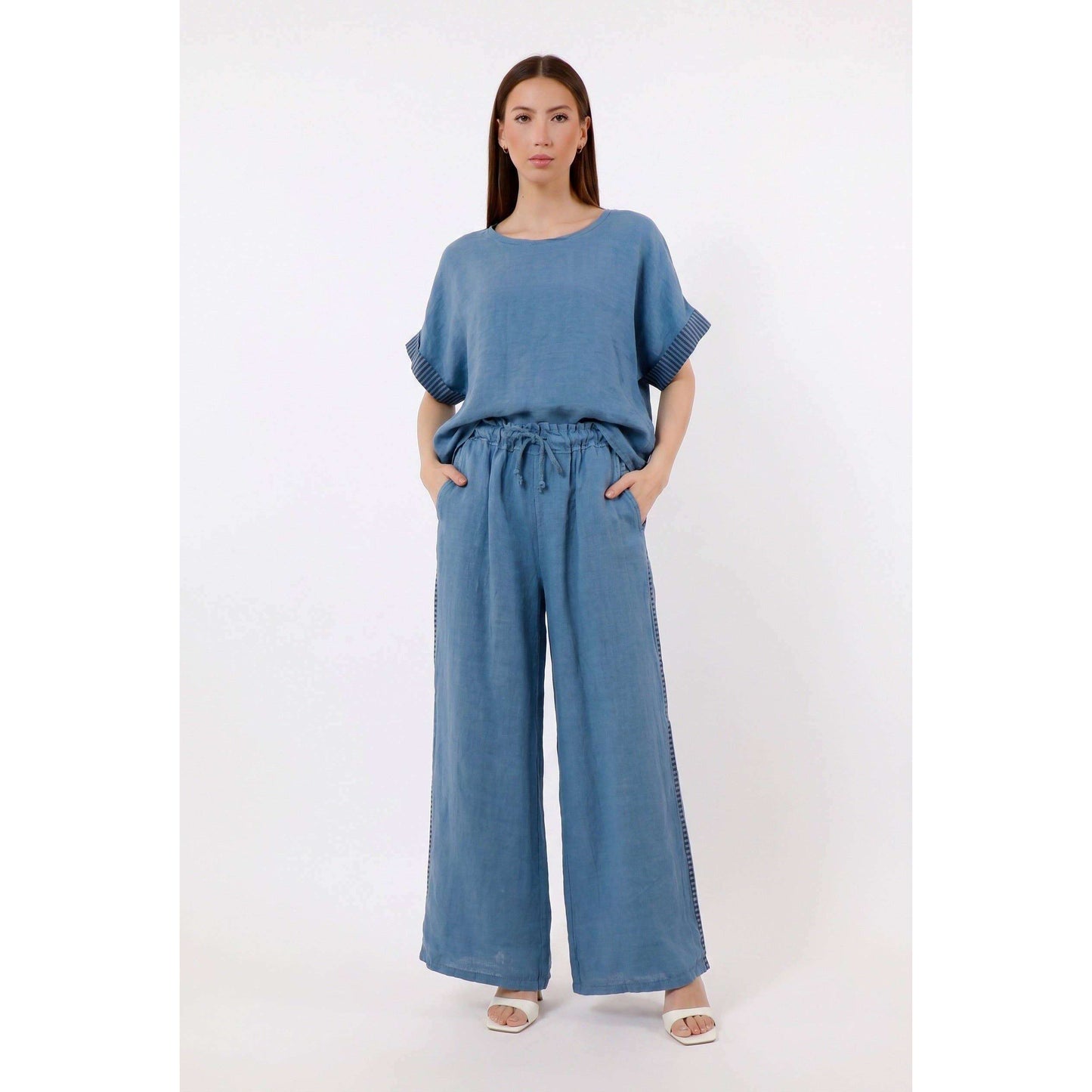 TINA Stephens Italy/Tees By Tina Brie Stripe Trim Short Sleeve Linen Top Cashmere, Tops, TINA Stephens Italy/Tees By Tina, Plum Bottom